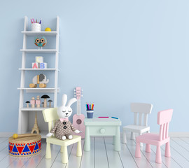 Table and chair in blue child room for mockup, 3D rendering