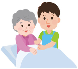 おばあさんを起こす男性性介護師　イラスト