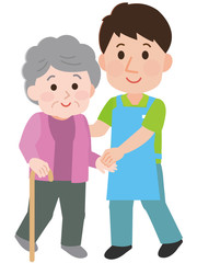 おばあさん　介添え歩行　男性介護士　イラスト

