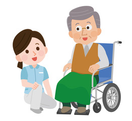 車椅子のおじいさん　介助　寄り添う女性介護士 イラスト