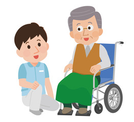 車椅子のおじいさん　介助　寄り添う男性介護士 イラスト