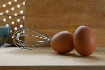 hen egg put on wood cutting board in kitchen prepare cooking
