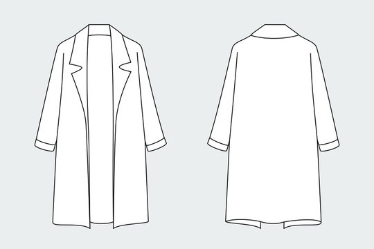 Coat vector template isolated on a grey background. Front and back view. Outline fashion technical sketch of clothes model.