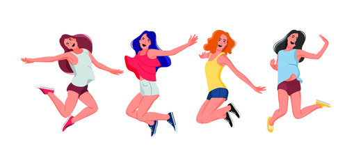 Happy Young Women Jump. Happiness group friendship