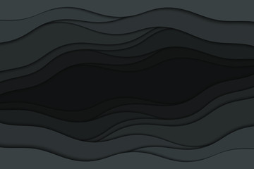 Background with black waves. Abstract wavy black paper background.