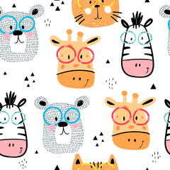 Seamless pattern with cartoon giraffes, bears, zebras, cats, decor elements. Colorful vector flat for kids. hand drawing. baby design for fabric, print, wrapper, textile