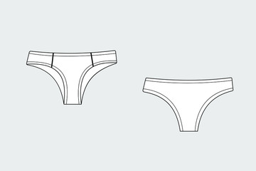 Lingerie briefs female vector template isolated on a grey background. Front and back view. Outline fashion technical sketch of clothes model.