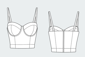 Lingerie bra bustier female vector template isolated on a grey background. Front and back view. Outline fashion technical sketch of clothes model.