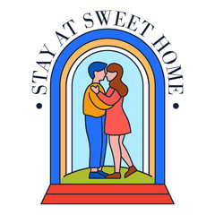 Romantic couple under safe glass cap. Metaphor of coronavirus outbreak quarantine and social distancing pandemic. Self isolation, stay home concept. Health care COVID-19 - Vector pic in linear flat