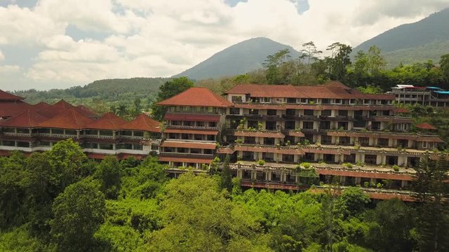Aerial drone video of abandoned hotel in Bedugul, Bali island.