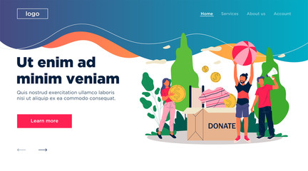 Happy young people packing donation box. Donating clothes, money, book flat vector illustration. Fundraiser, charity, voluntary concept for banner, website design or landing web page