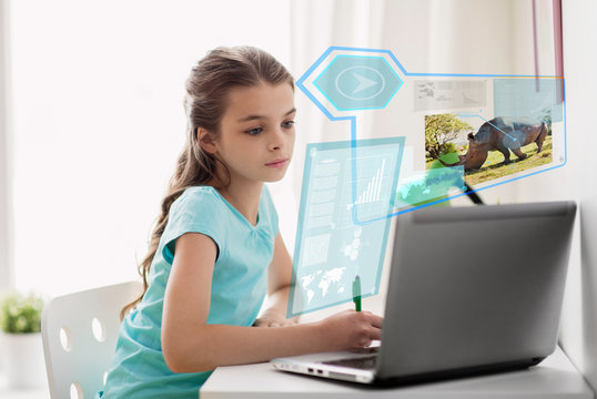education, school and technology concept - girl with laptop computer and hologram projection learning nature online at home