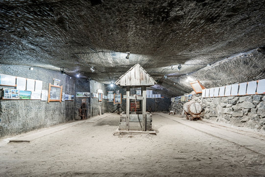 Tourist attractions inside the public Cacica Salt Mine in Bucovina, Romania