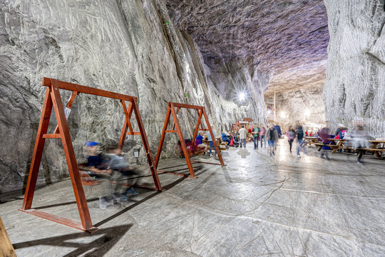 People inside Praid Salt Mine in Harghita, Romania