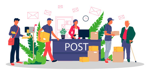 People at post office receiving parcels and mails vector illustration. Couriers delivering correspondence and packages to customers. Mail service office, shipping and delivery department