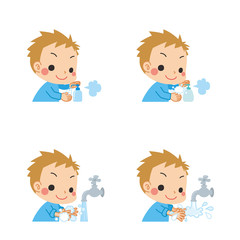 感染症予防のため手洗いをする小さな男の子のセット