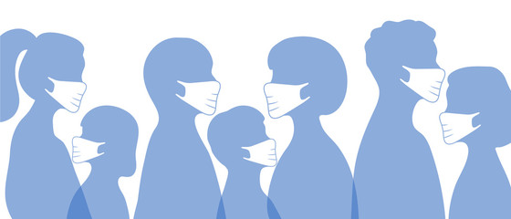 Concept of coronavirus quarantine and mask protection. Covid infection in the air, airborne transmission, people crowd wearing white medical face masks.