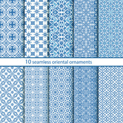 10 seamless oriental ornaments. A set of traditional Arabic ornaments in blue