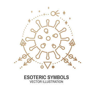 Esoteric symbols. Vector. Thin line geometric badge. Outline icon for alchemy or sacred geometry. Mystic and magic sacred geometry tattoo design with unreal geometrical cube, moon, sun