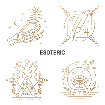 Esoteric symbols. Vector. Thin line geometric badge. Outline icon for alchemy or sacred geometry. Mystic and magic design with feather, stars, planets, moon, glass ball and all-seeing eye