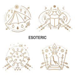 Esoteric symbols. Vector. Thin line geometric. Outline icon for alchemy, sacred geometry. Mystic, magic design with scarab beetle, bacteria, coronavirus, bat wing, chemistry flask with crow foot
