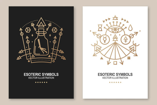 Esoteric symbols poster, flyer. Vector. Thin line geometric badge. Outline icon for alchemy, sacred geometry. Mystic, magic design with chemistry flask with crow foot, sun, all-seeing eye