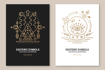 Esoteric symbols poster. Vector. Thin line geometric badge. Outline icon for alchemy, sacred geometry. Mystic, magic design with portal to another world and glass ball with all-seeing eye