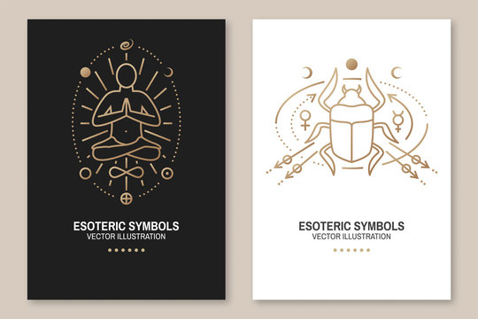 Esoteric symbols poster. Vector. Thin line geometric badge. Outline icon for alchemy, sacred geometry. Mystic, magic design with man sitting in yoga lotus pose, egyptian scarab beetlee