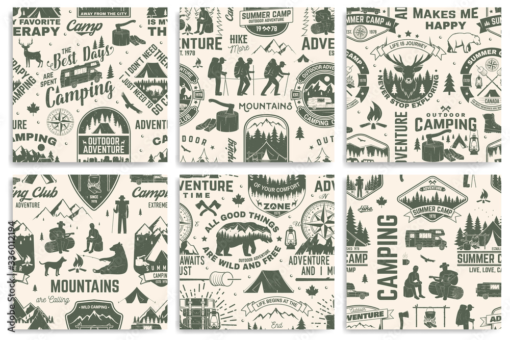 Wall mural set of summer camp seamless pattern, background. vector. retro typography design with rv trailer, te