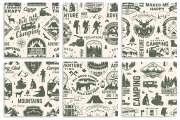 Fotobehang Set of summer camp seamless pattern, background. Vector. Retro typography design with rv trailer, tent, mountain, campfire, hiker and forest silhouette. For camping and hiking organizations © sivvector