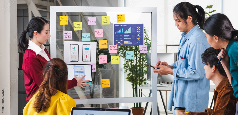 Poster ux developer and ui designer presenting  and testing mobile app interface design on whiteboard in meeting at modern office.Creative digital development mobile app agency