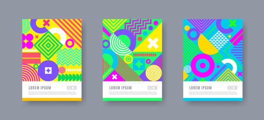 Poster set with geometric shapes and pattern. Trendy multicolored design. Cover design. Vector illustration.