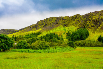 Beautiful Iceland highlands with moss-covered volcano formations