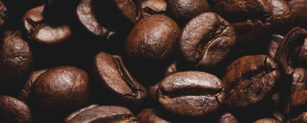 Fototapeta premium Brown roasted beans of arabica coffee. Dark background.