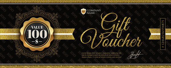 Gift voucher template with glitter gold elements. Vector illustration. Gift voucher value 100 dollars with guilloche design element.