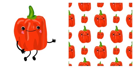 pepper bulgarian vegetable character cute. Seamless vegetable pattern with sweet pepper. Children's vector illustration. paprika.