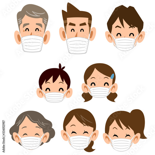 マスクをつけた三世代の家族 笑顔の表情アイコン Wall Mural Haru Natsu Kobo