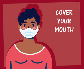 afro woman using face mask with cover your mouth lettering