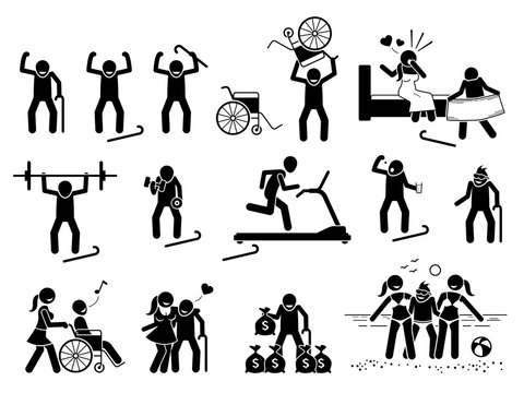 Strong healthy dirty old man with high libido sex drive and vigor. Vector illustrations of elderly man with young beautiful sexy girl. Old man exercise and workout at gym to maintain active lifestyle.