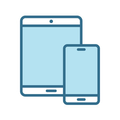 Tablet and smartphone lineal blue icon isolated on white. Smart devices technology flat vector icon with blue stroke for web and mobile apps, ui design and print. Synchronization vector illustration
