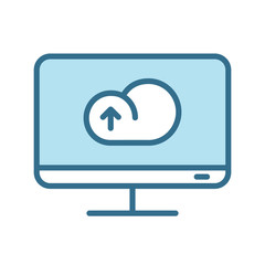 Uploading cloud on pc monitor lineal blue icon isolated on white. Smart device technology flat vector icon with blue stroke for web, mobile apps, ui design. Cloud computing color vector illustration