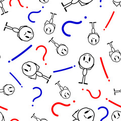 Man with colorful questions and exclamation marks around. Cartoon character thinks and finds a solution. Seamless pattern. Vector, line illustration on a white background.