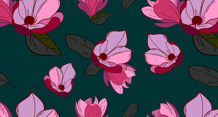 Vector floral pattern.Illustration of magnolia on a green background.Vector illustration for greeting card,invitation,design,brochure,poster,banner,flyer,print,wrapping paper,textiles and websites.