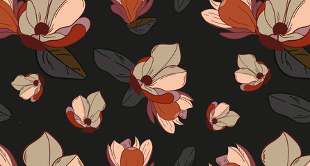 Vector floral pattern.Illustration of magnolia on black background.Vector illustration for greeting card,invitation,design,brochure,poster,banner,flyer,print,wrapping paper,textiles and websites.
