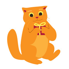 Happy ginger cat with gift