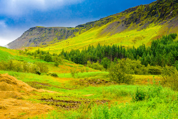 Beautiful Iceland highlands with moss-covered volcano formations