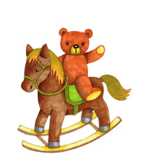 Hand drawn illustration of cute cartoon teddy bear riding a toy horse, brown. Isolated hand drawn illustration. 