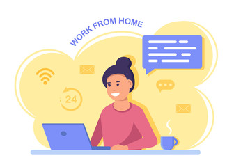 Work from home. Freelance Business woman at his desk is working on the laptop computer. Vector illustration in flat style