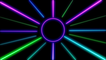 Retro cyberpunk style 80s. Abstract neon color light party bright lens flare on black background. Laser show colorful design for banners advertising technologies