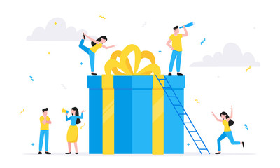 Online reward flat style design vector illustration business concept. Big gift box and tiny people standing up and shouting out to the people. Presents for new costomers and refer a friends.